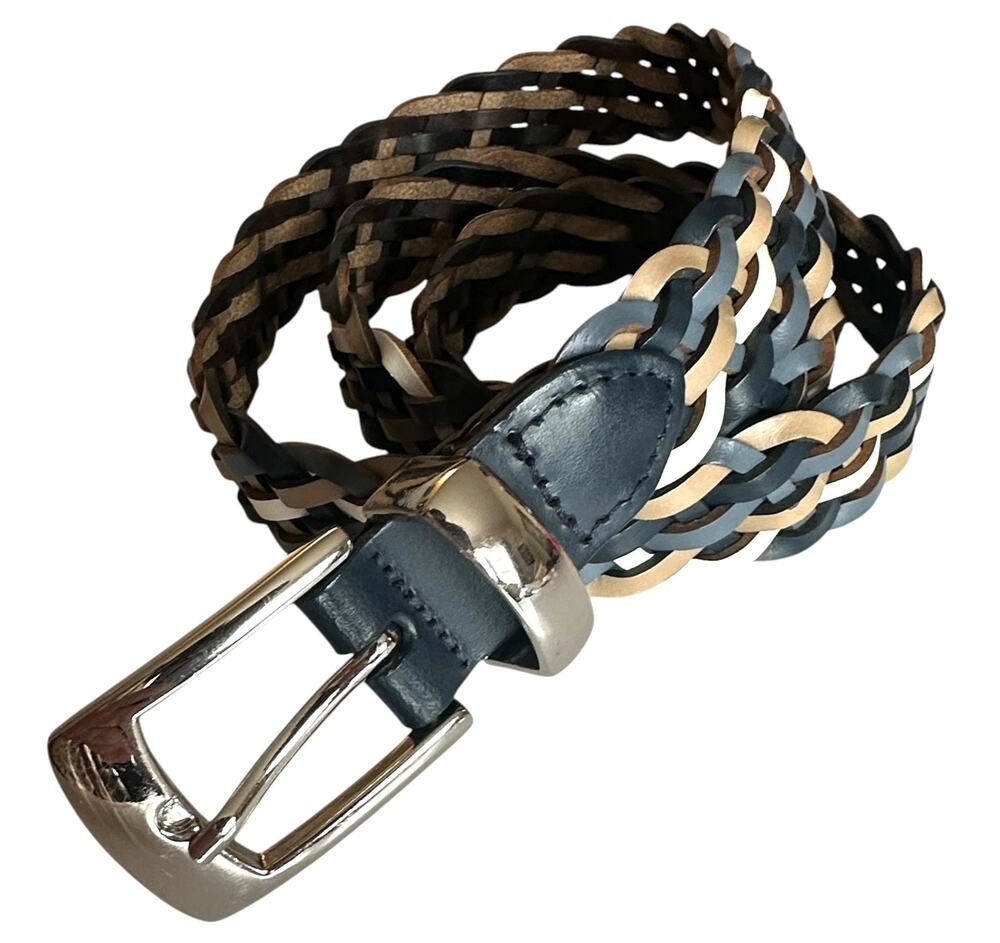 Woven Leather Belt Womens XL Navy Tan Leather & Man Made Braided Boho Statement